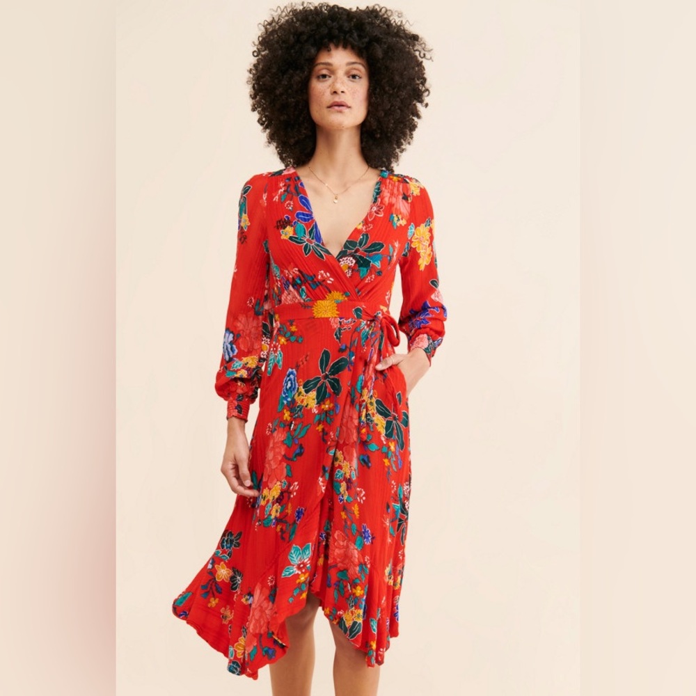 EUC Anthropologie Boswell Textured Wrap Floral Cottagecore Tunic Dress, Size 6